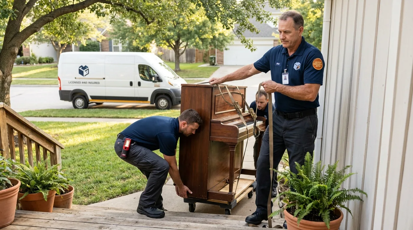 Licensed piano movers securing grand piano in Topeka, KS