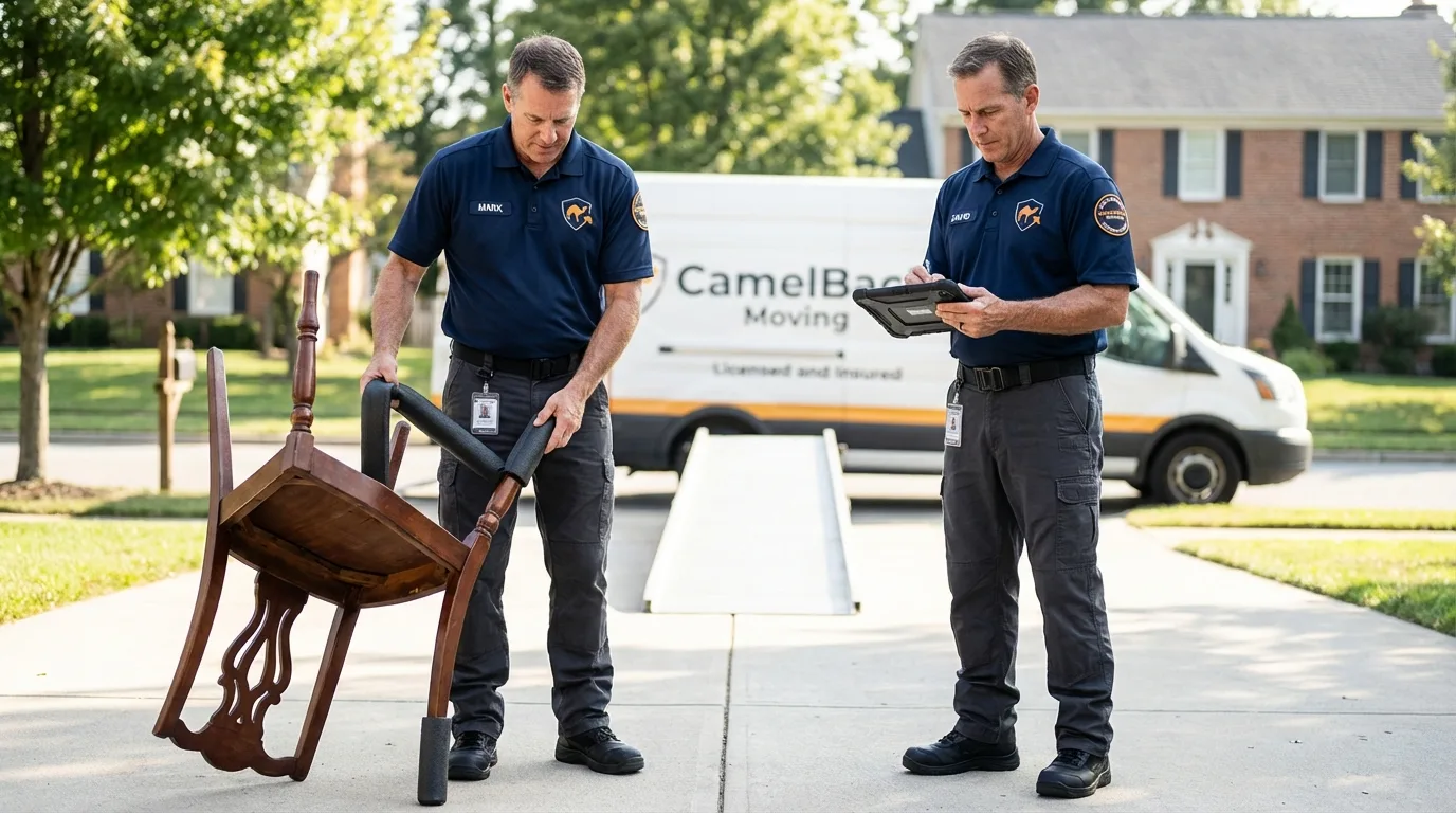 Movers inspecting furniture for damage prevention before loading in Topeka, KS
