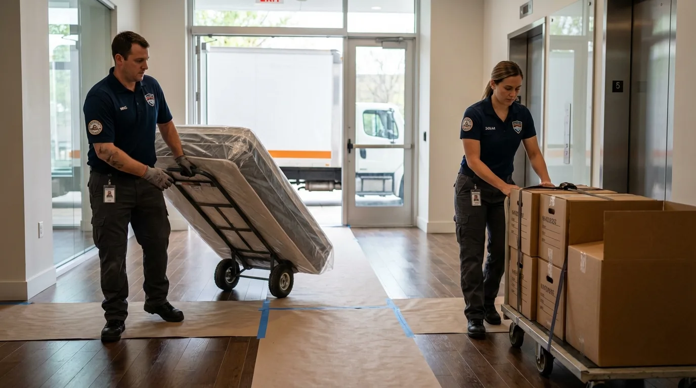 Professional apartment movers loading elevator in Topeka, KS