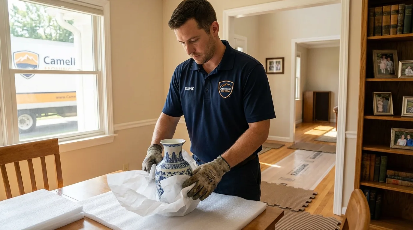 Professional crew carefully wrapping antique vase for senior downsizing move in Topeka, KS